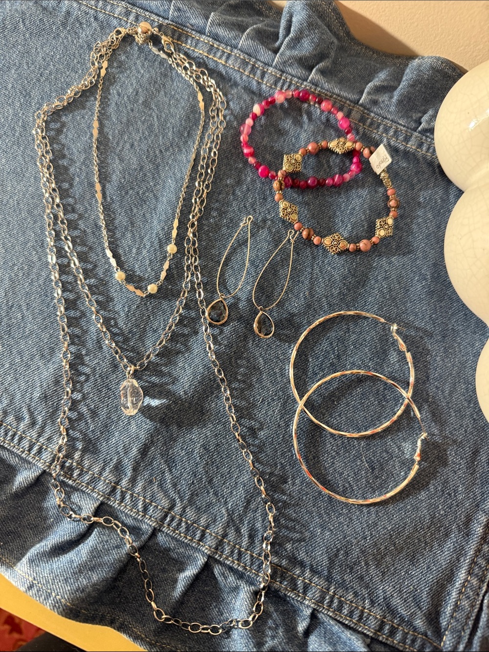 6 Piece Layering Silver Tone /Pink Set: 2 Each Necklaces, Bracelets, Earrings